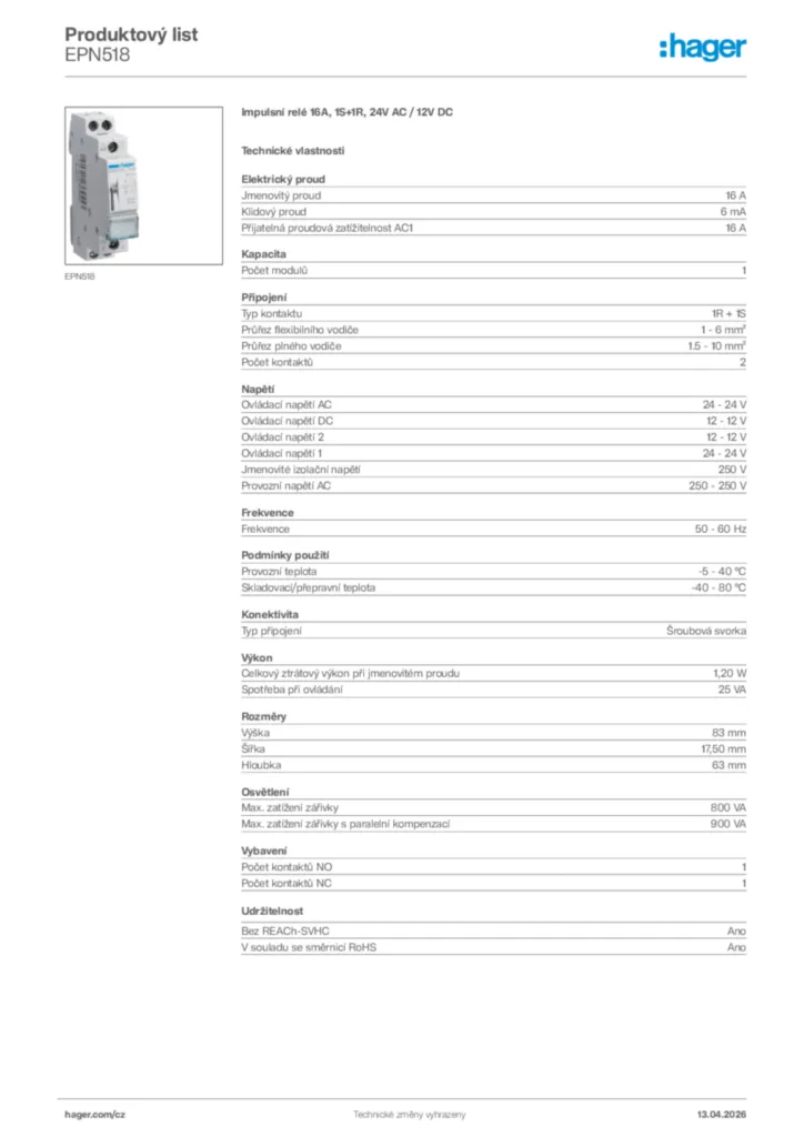 Obrázek Hager Product data sheet EPN518 | Hager