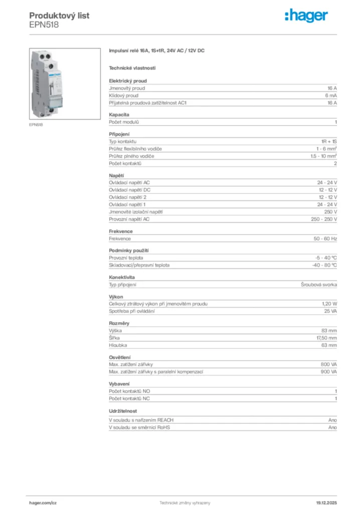 Obrázek Hager Produktový list EPN518 | Hager