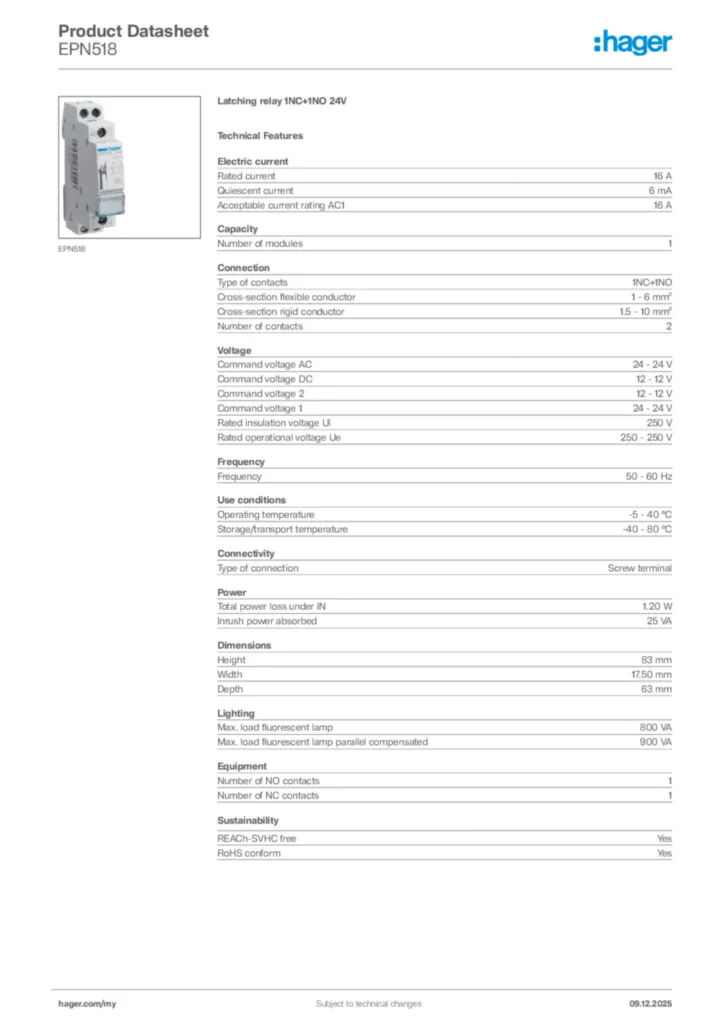 Image Hager Product data sheet EPN518  | Hager