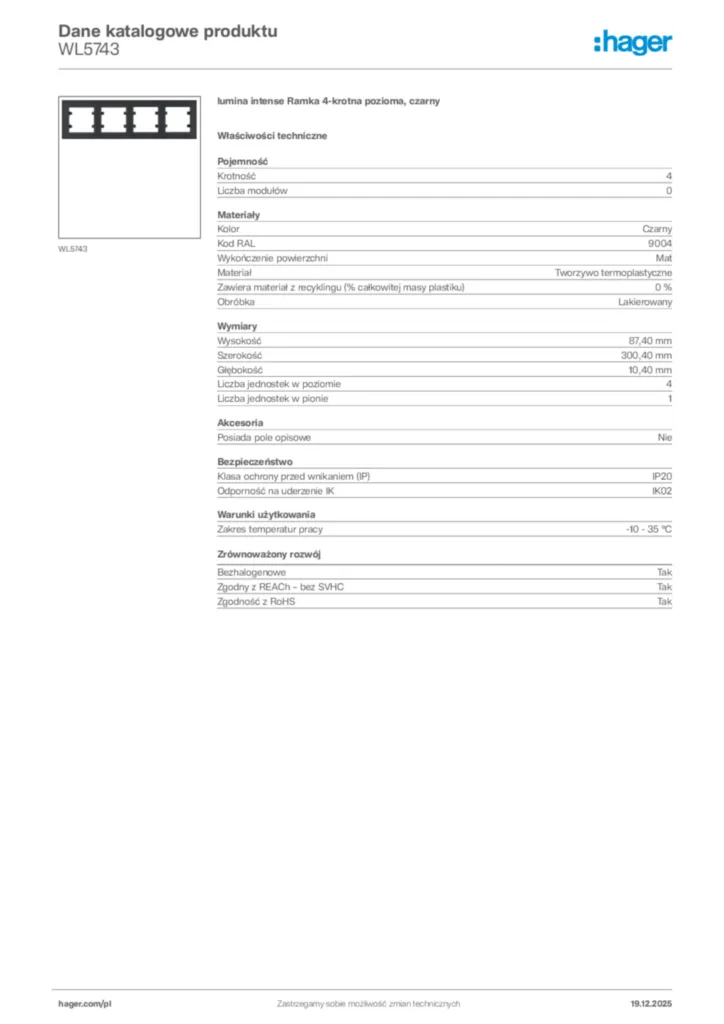 Zdjęcie Hager Karta katalogowa WL5743 | Hager Polska