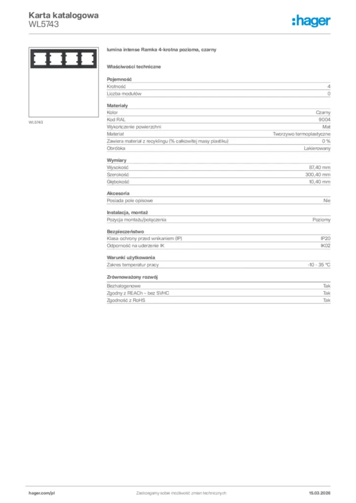 Zdjęcie Hager Karta katalogowa WL5743 | Hager Polska