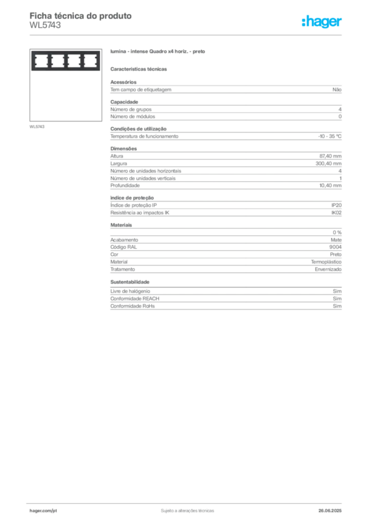 Imagem Hager Ficha técnica do produto WL5743 | Hager Portugal
