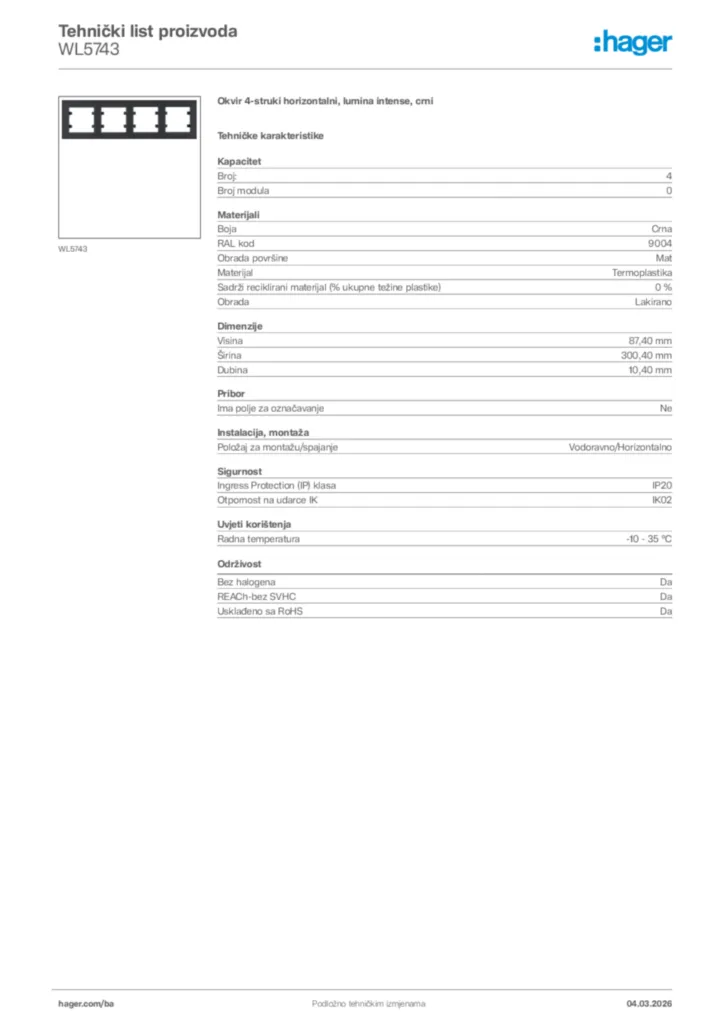 Slika Hager Tehnički list proizvoda WL5743  | Hager