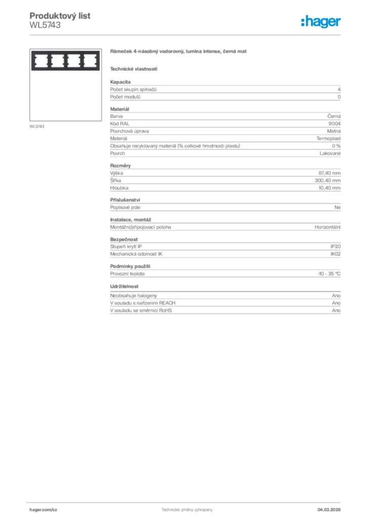 Obrázek Hager Product data sheet WL5743 | Hager