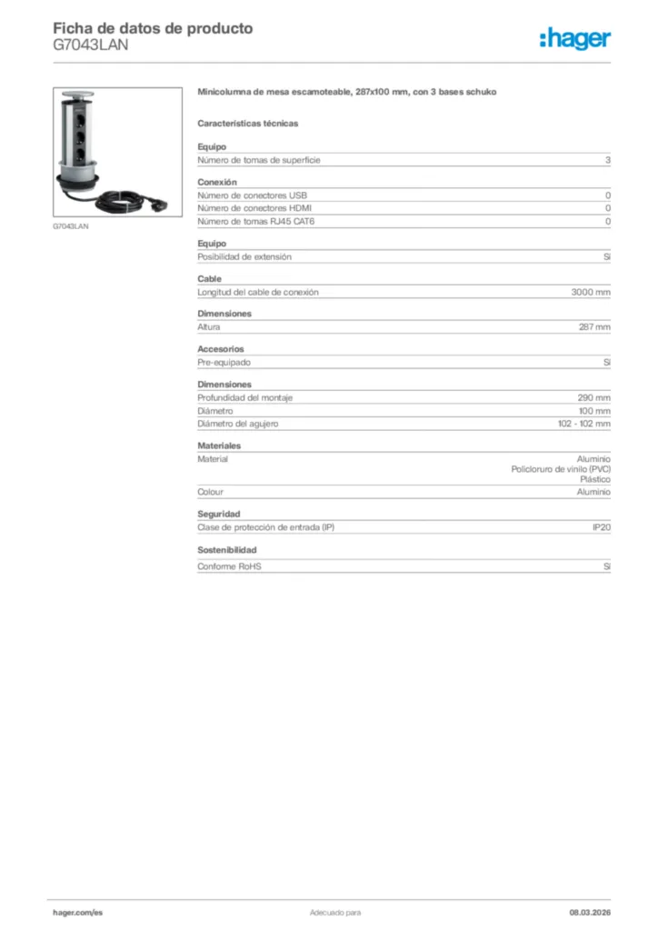 Imagen Hager Ficha de datos de producto G7043LAN | Hager España