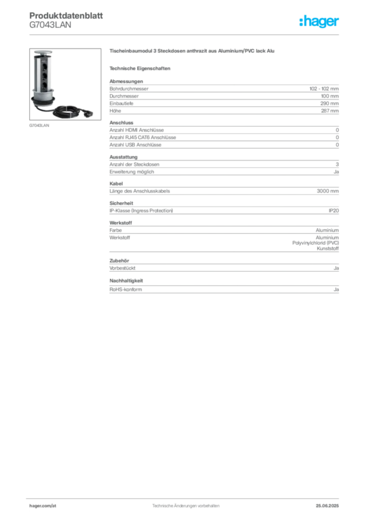 Bild Hager Produktdatenblatt G7043LAN | Hager Deutschland