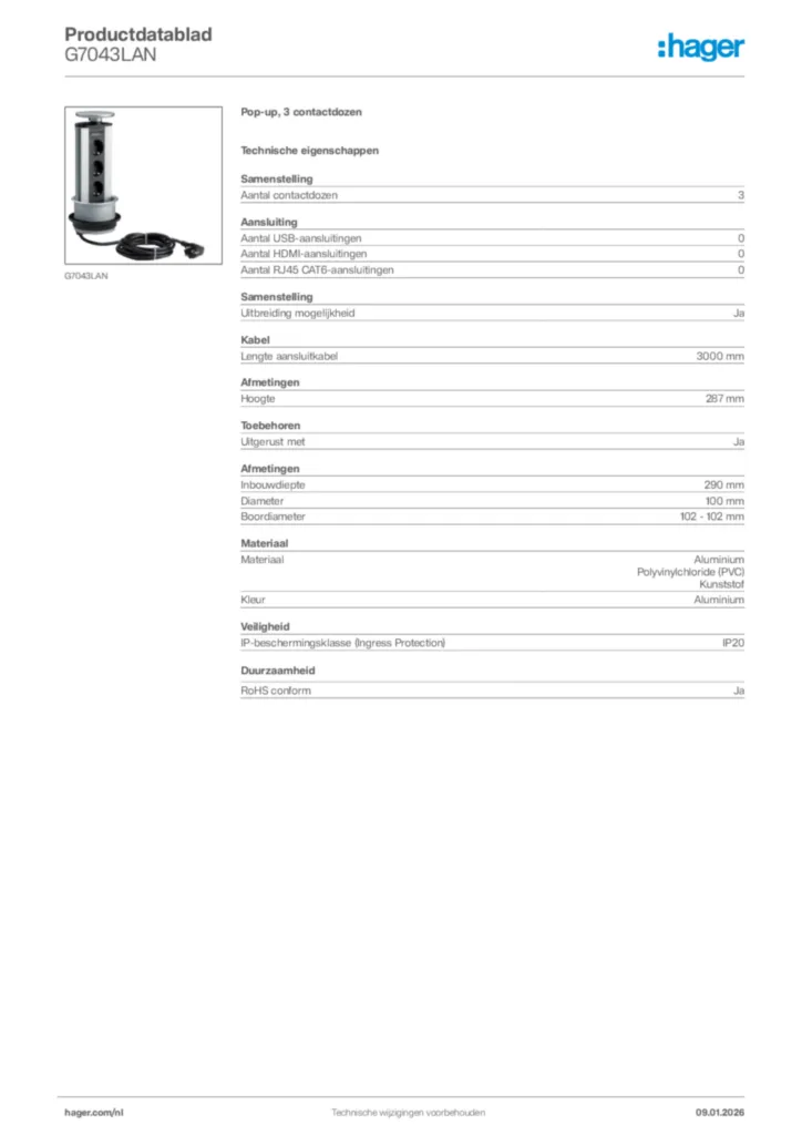 Afbeelding Hager Productdatablad G7043LAN | Hager Nederland