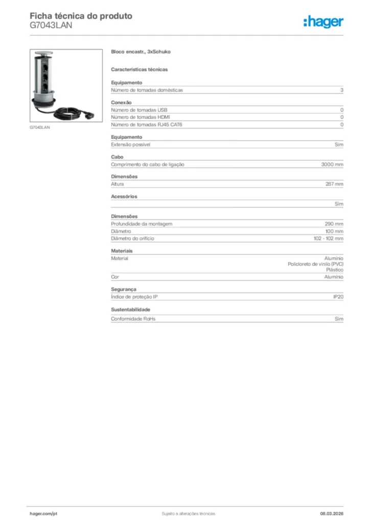 Imagem Hager Ficha técnica do produto G7043LAN | Hager Portugal