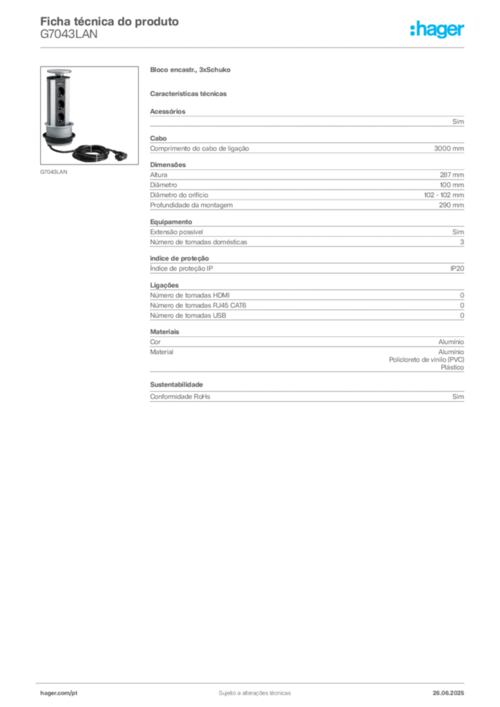 Imagem Hager Ficha técnica do produto G7043LAN | Hager Portugal