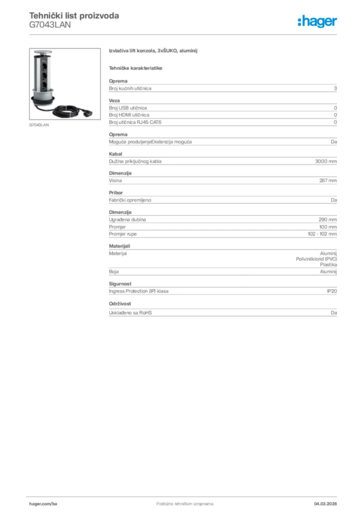 Slika Hager Tehnički list proizvoda G7043LAN  | Hager