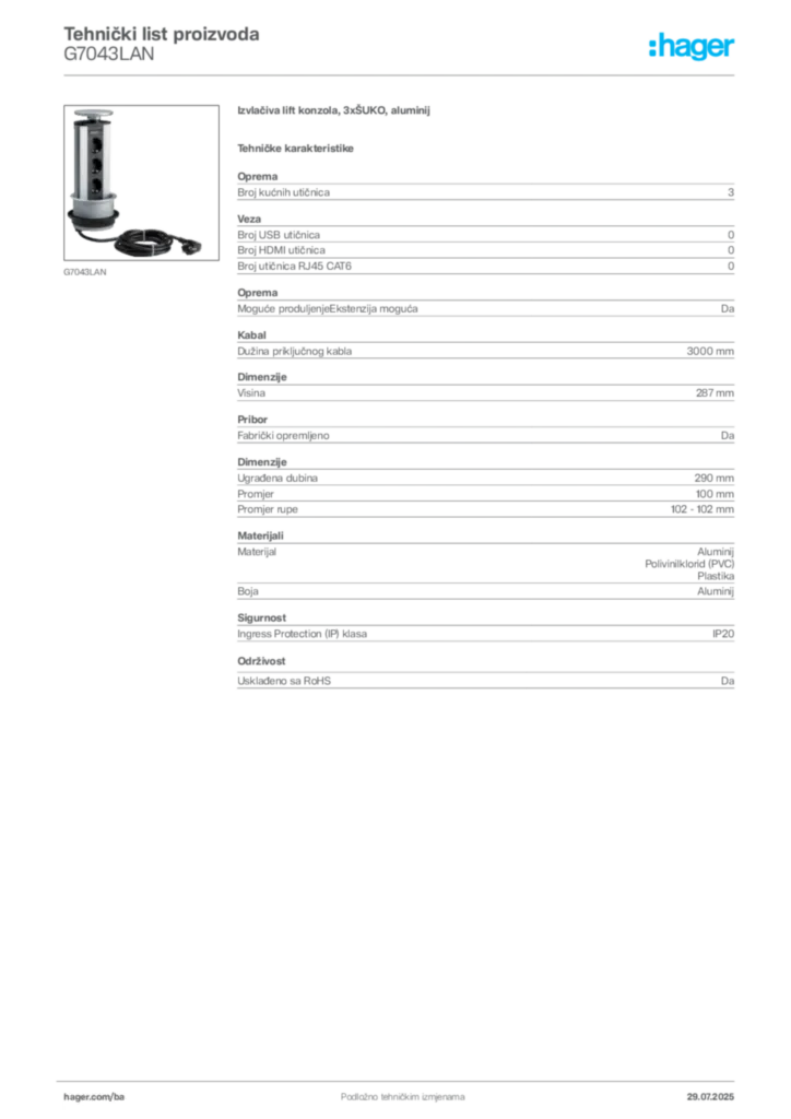 Slika Hager Product data sheet G7043LAN  | Hager