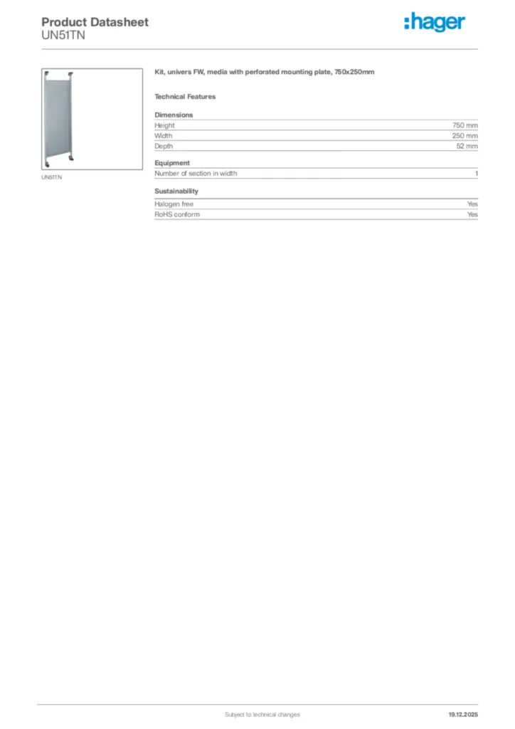 Image Hager Product data sheet UN51TN  | Hager Africa