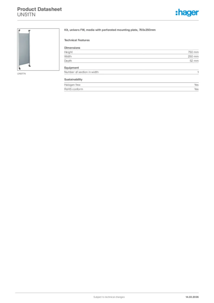 Image Hager Product data sheet UN51TN  | Hager Africa