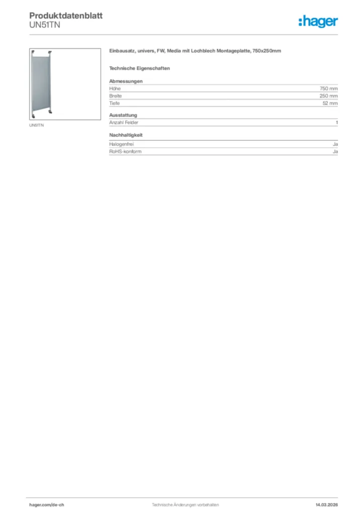 Bild Hager Produktdatenblatt UN51TN | Hager Schweiz