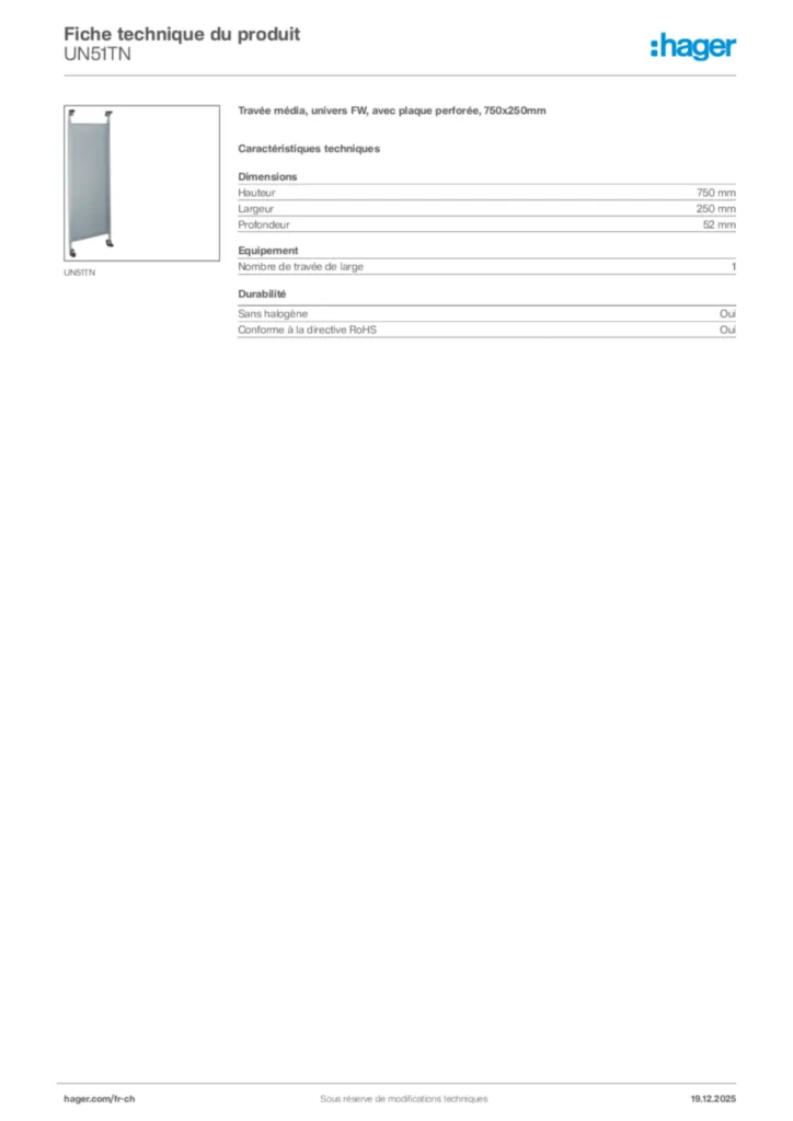 Image Hager Fiche technique du produit UN51TN | Hager Suisse
