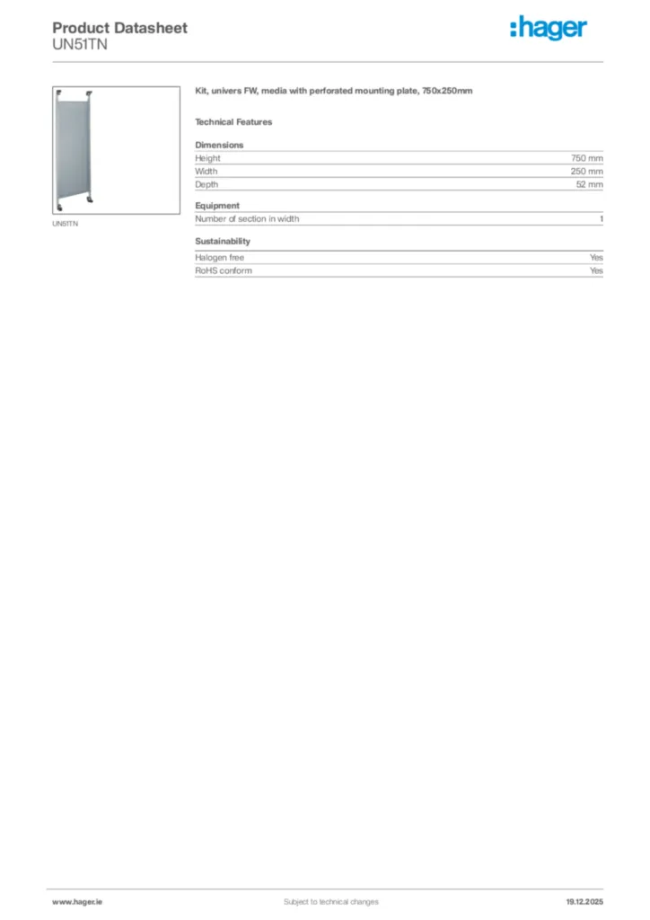 Image Hager Product data sheet UN51TN  | Hager