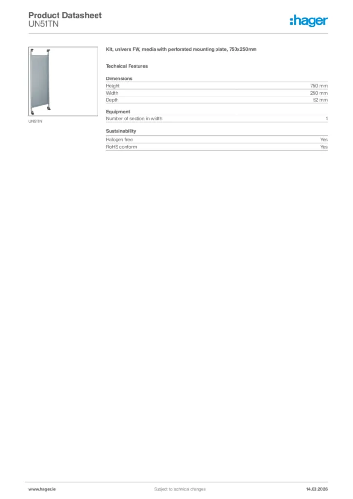 Image Hager Product data sheet UN51TN  | Hager