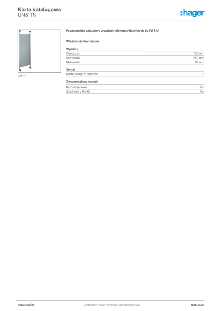 Zdjęcie Hager Karta katalogowa UN51TN | Hager Polska