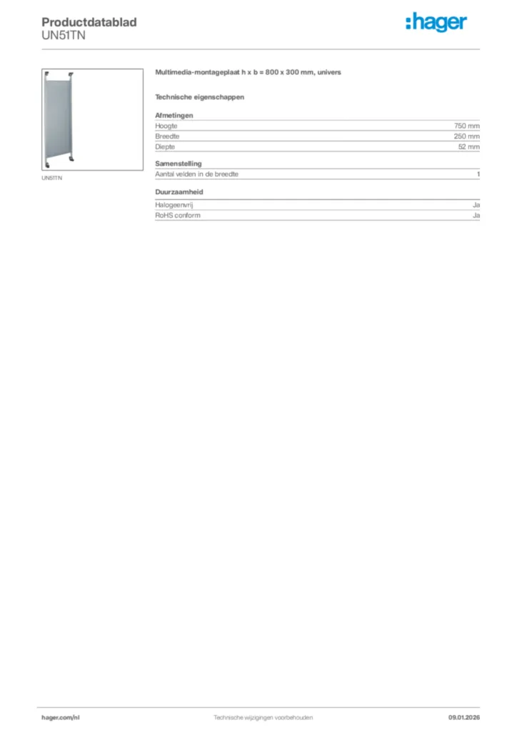 Afbeelding Hager Productdatablad UN51TN | Hager Nederland