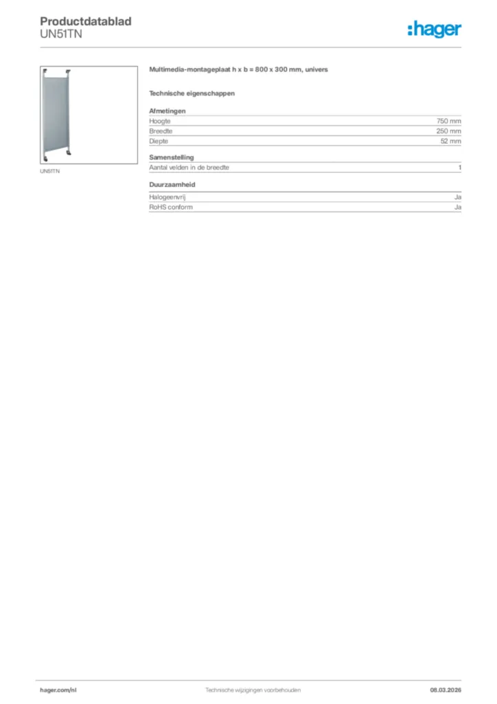 Afbeelding Hager Productdatablad UN51TN | Hager Nederland