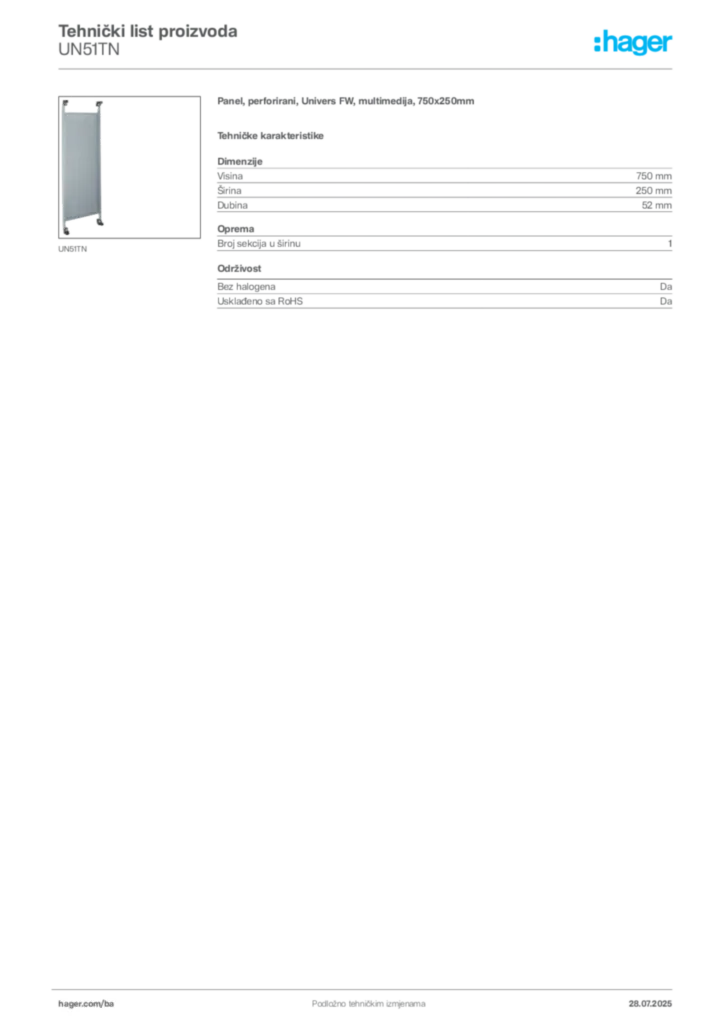 Slika Hager Product data sheet UN51TN  | Hager
