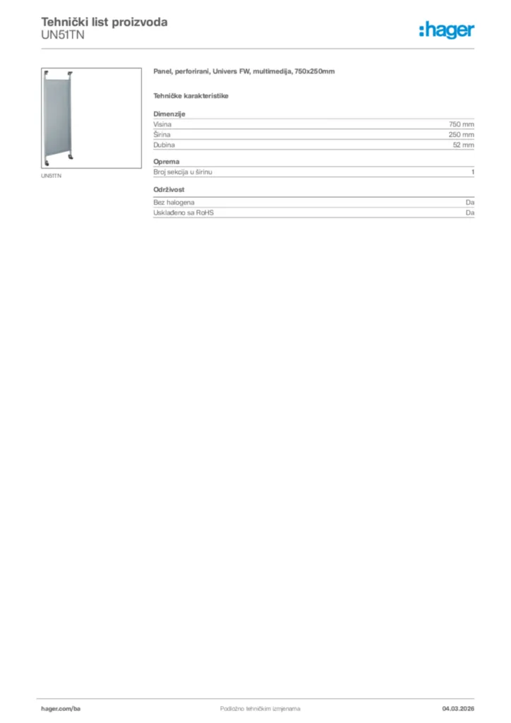 Slika Hager Tehnički list proizvoda UN51TN  | Hager