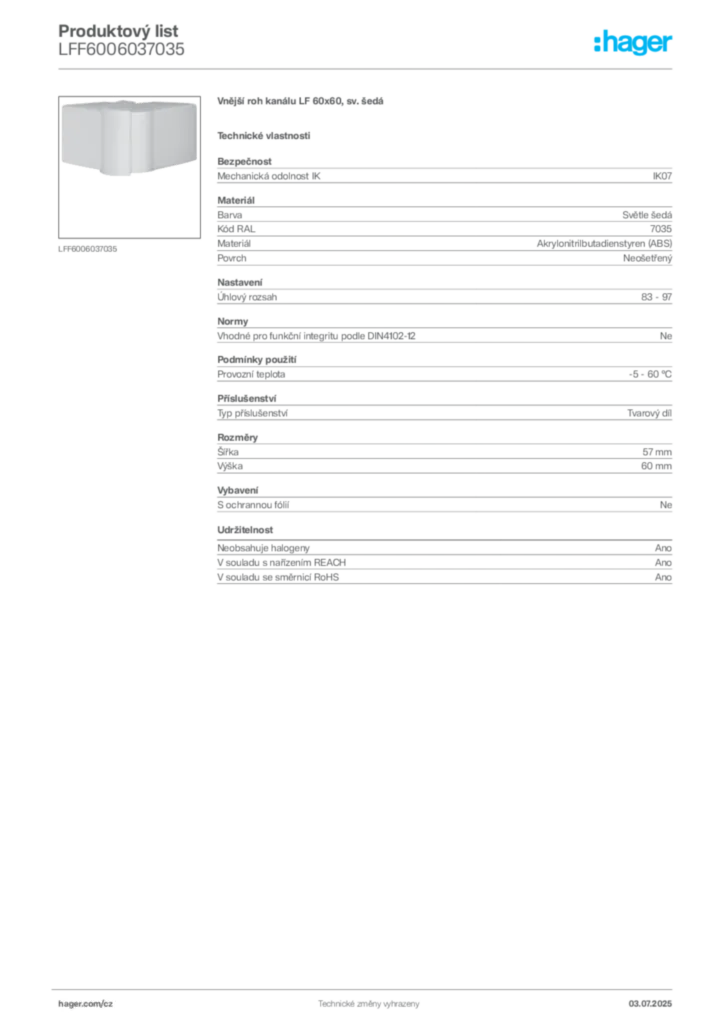 Obrázek Hager Produktový list LFF6006037035 | Hager