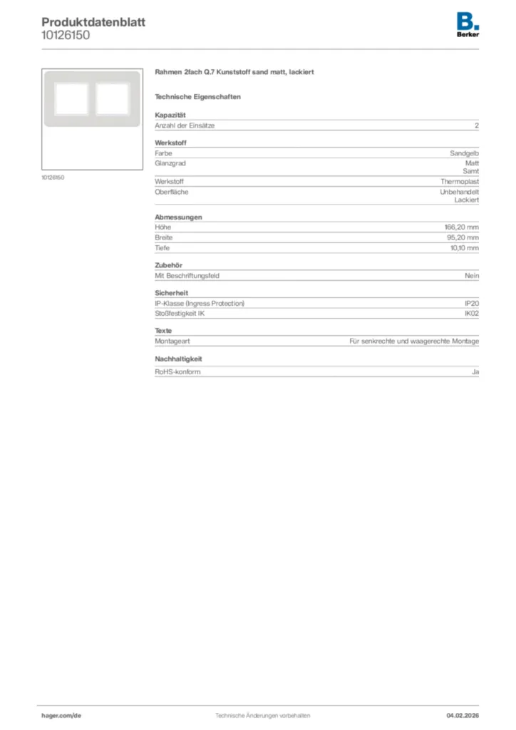 Bild Berker Produktdatenblatt 10126150 | Hager Deutschland