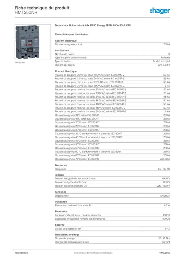 Image Hager Fiche technique du produit HMT250NR | Hager France