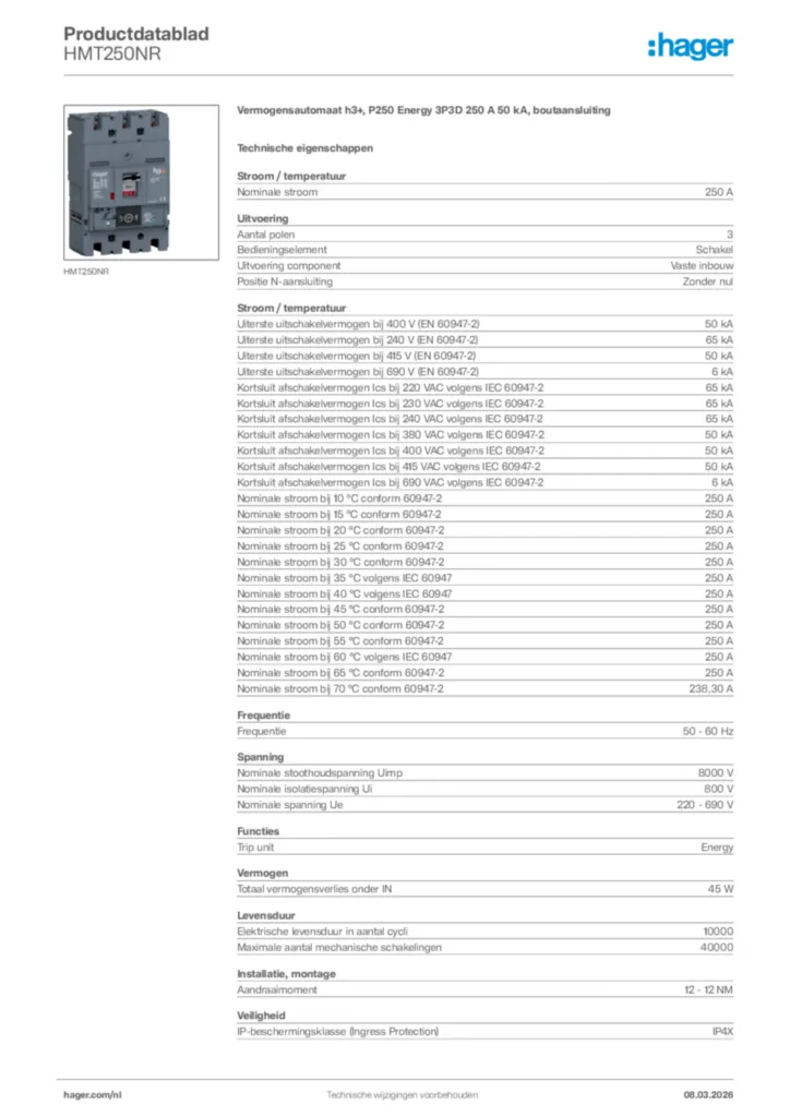 Afbeelding Hager Productdatablad HMT250NR | Hager Nederland