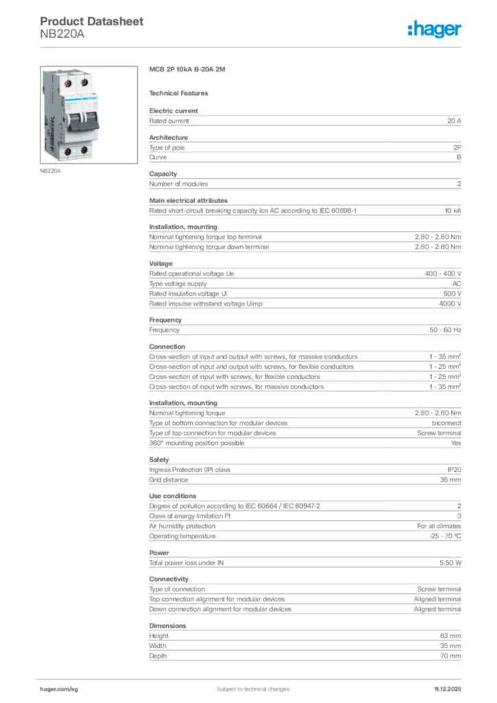 Image Hager Product data sheet NB220A  | Hager