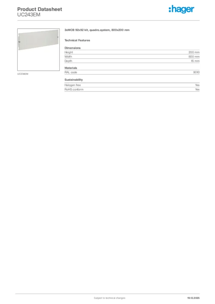 Image Hager Product data sheet UC243EM  | Hager Africa