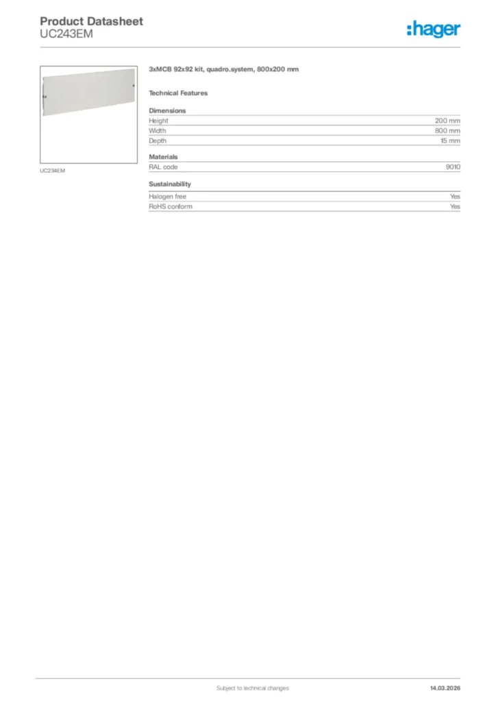 Image Hager Product data sheet UC243EM  | Hager Africa