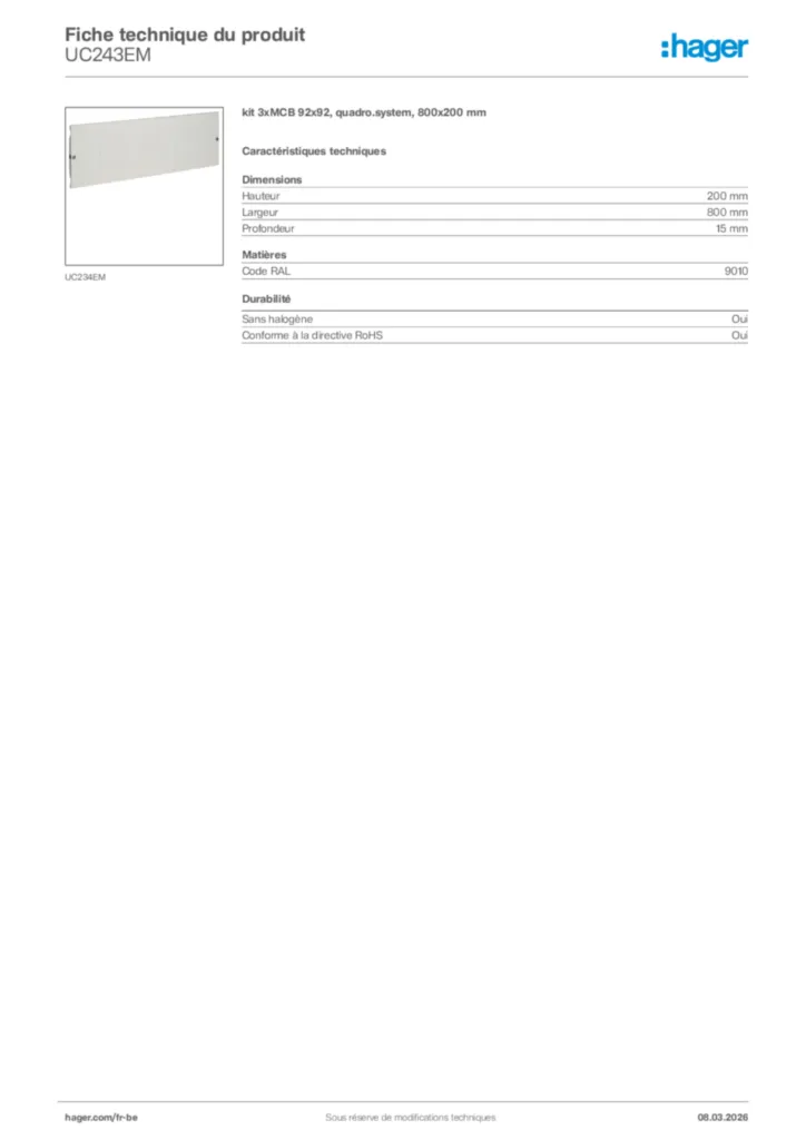 Image Hager Fiche technique du produit UC243EM | Hager Belgique