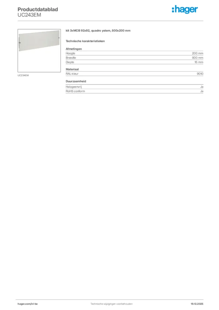 Afbeelding Hager Productdatablad UC243EM | Hager Belgium