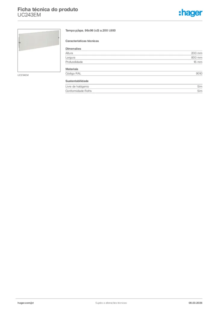 Imagem Hager Ficha técnica do produto UC243EM | Hager Portugal