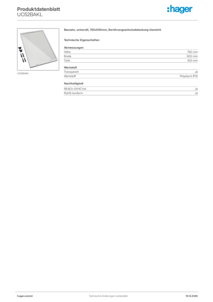 Bild Hager Produktdatenblatt UC52BAKL | Hager Deutschland