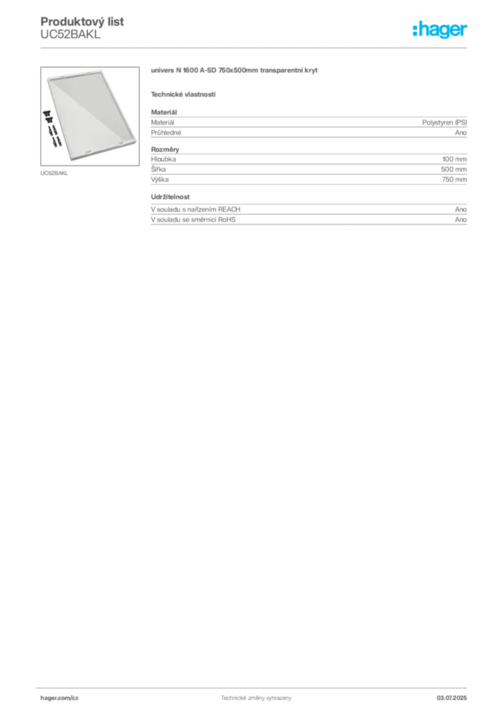 Obrázek Hager Produktový list UC52BAKL | Hager