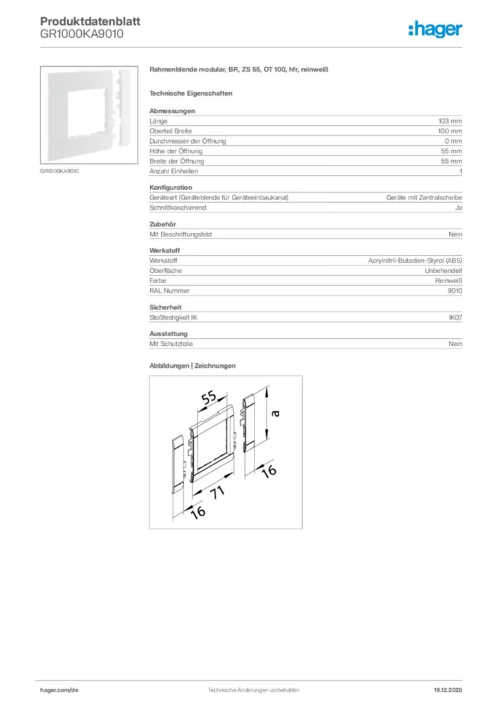 Bild Hager Produktdatenblatt GR1000KA9010 | Hager Deutschland