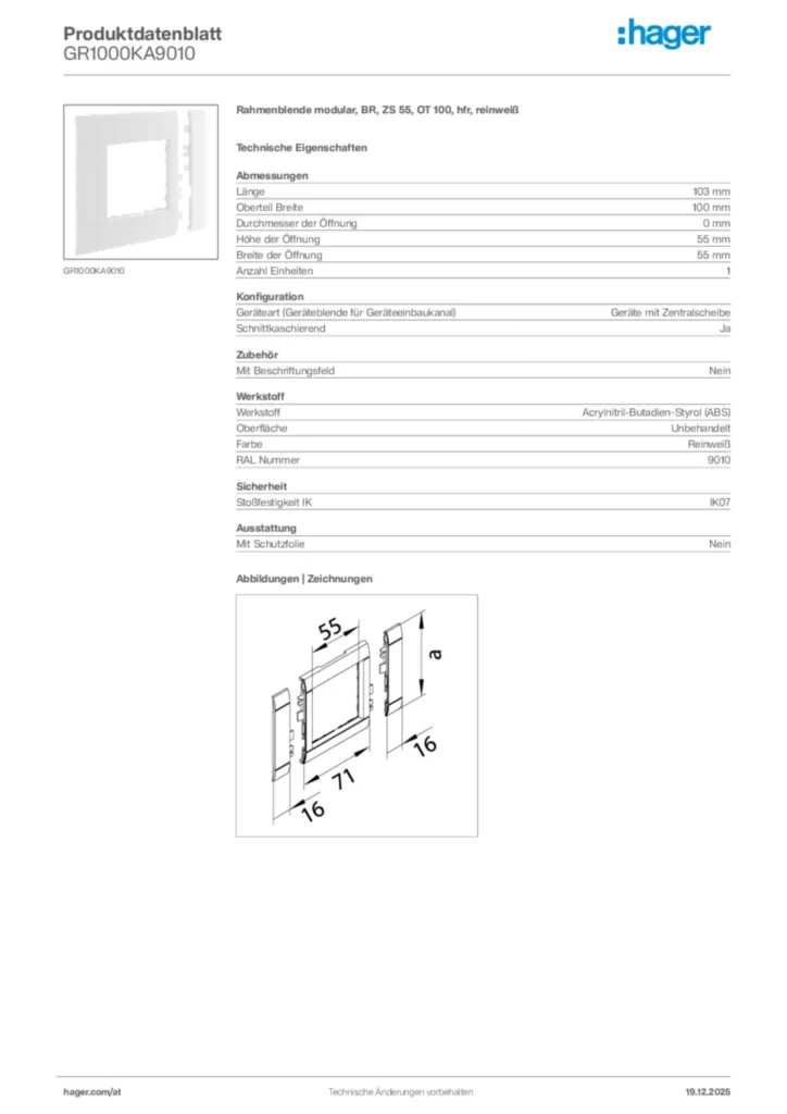 Bild Hager Produktdatenblatt GR1000KA9010 | Hager Deutschland