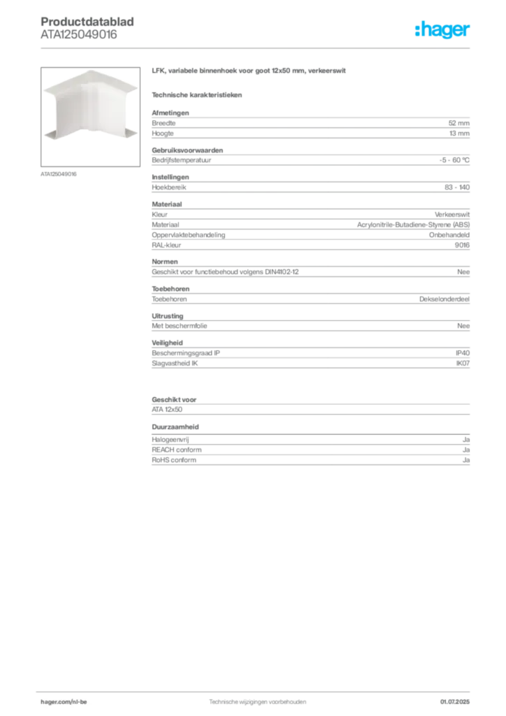 Afbeelding Hager Productdatablad ATA125049016 | Hager Belgium