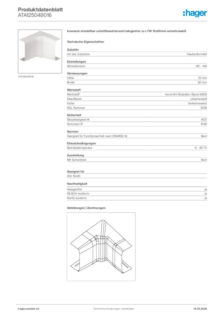 Bild Hager Produktdatenblatt ATA125049016 | Hager Schweiz