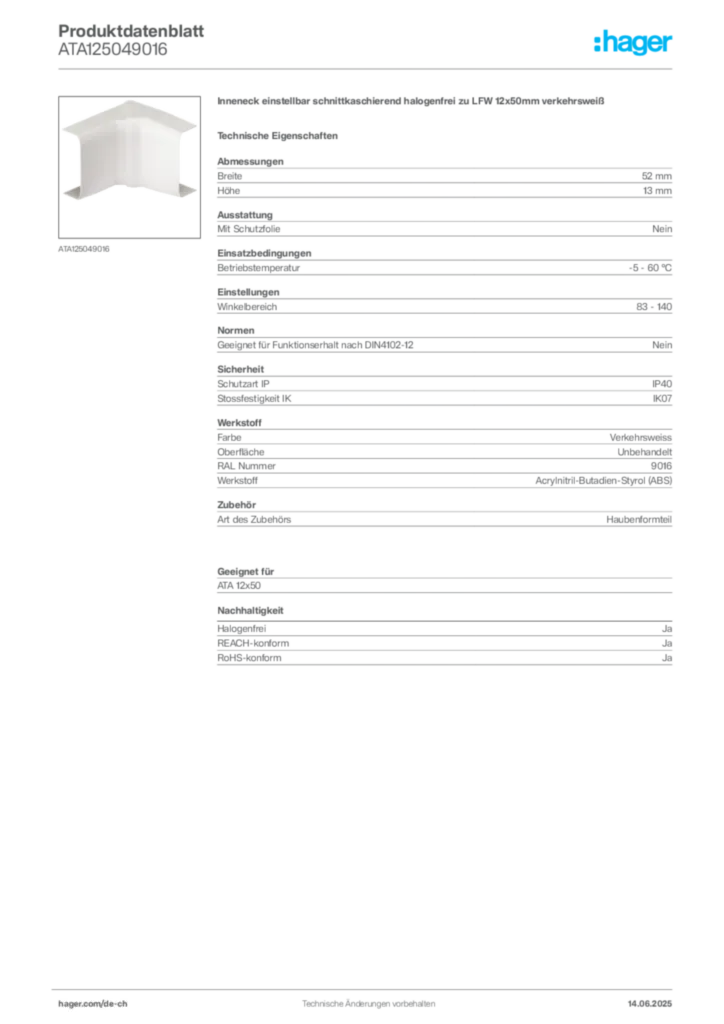 Bild Hager Produktdatenblatt ATA125049016 | Hager Schweiz