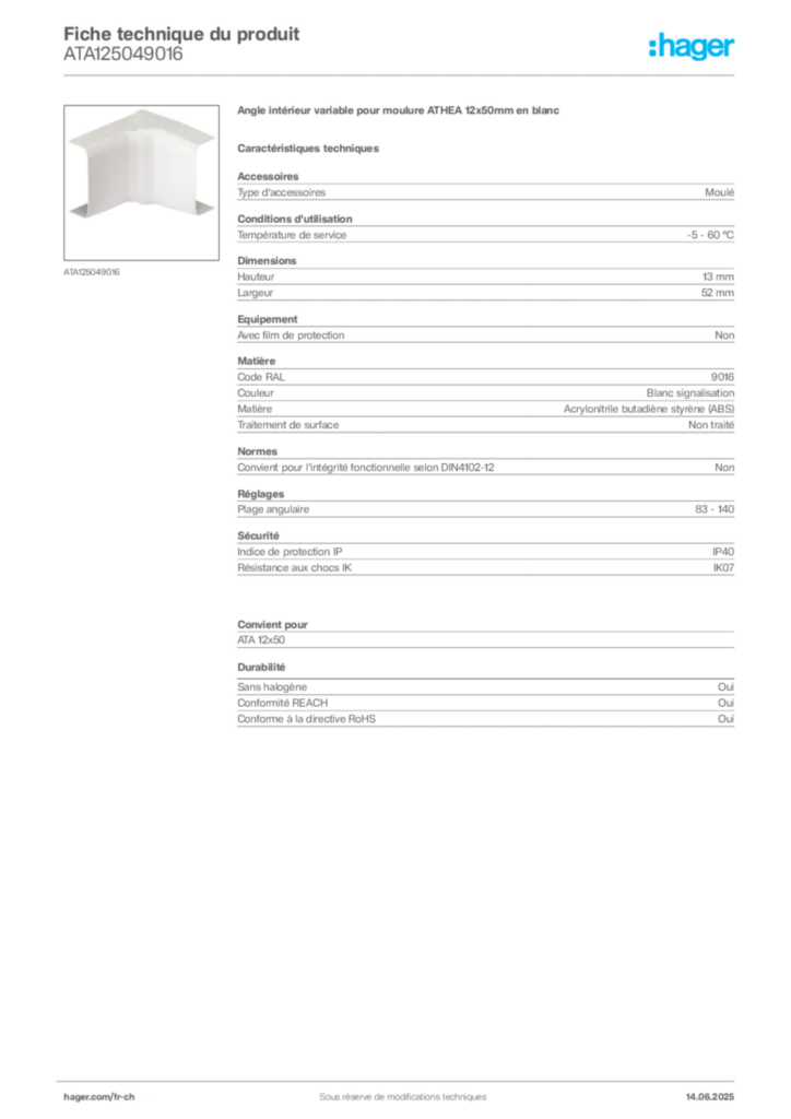 Image Hager Fiche technique du produit ATA125049016 | Hager Suisse