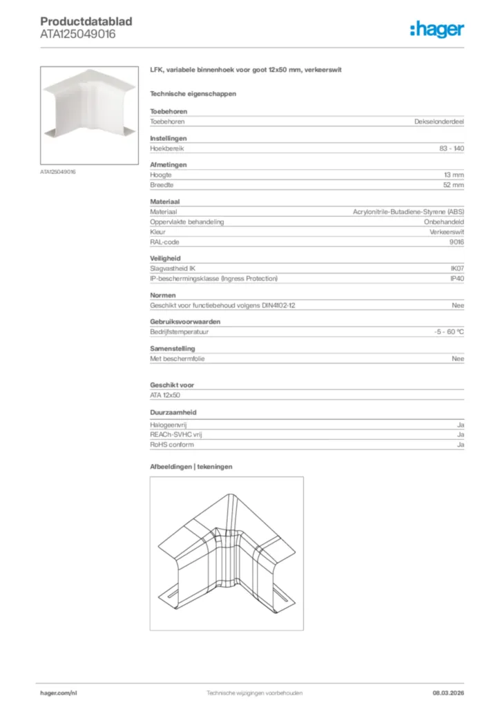 Afbeelding Hager Productdatablad ATA125049016 | Hager Nederland