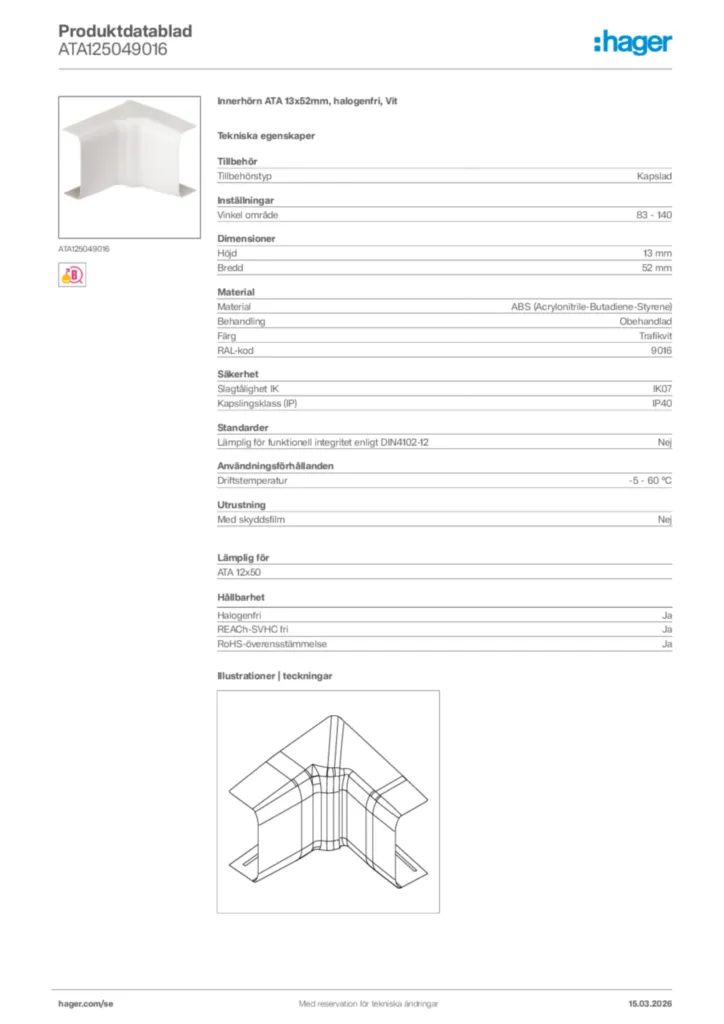 Bild Hager Produktdatablad ATA125049016 | Hager Sverige