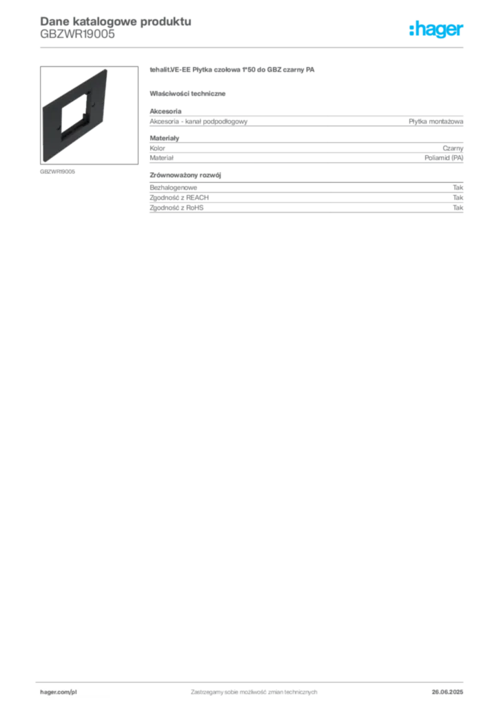 Zdjęcie Hager Karta katalogowa GBZWR19005 | Hager Polska
