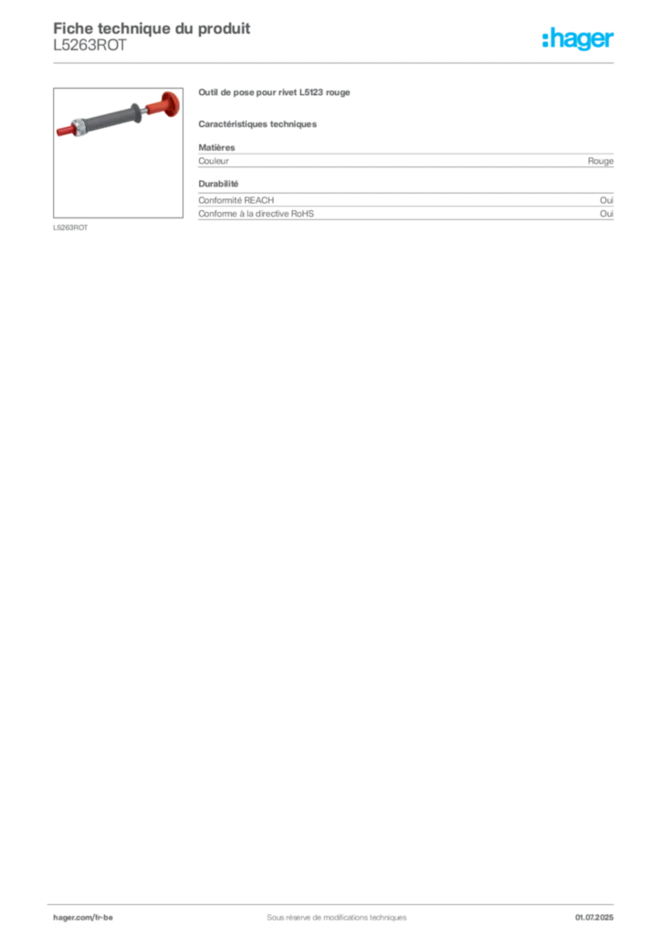 Image Hager Fiche technique du produit L5263ROT | Hager Belgique