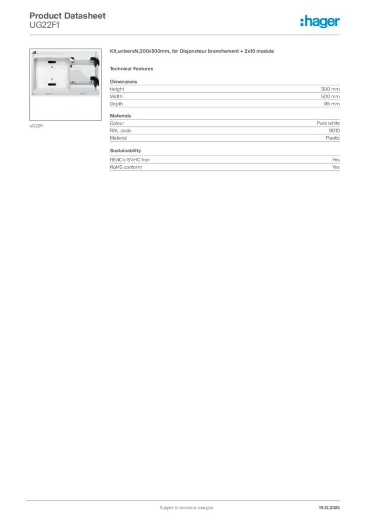 Image Hager Product data sheet UG22F1  | Hager Africa
