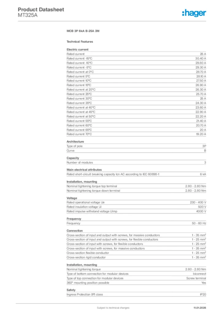 Image Hager Product data sheet MT325A  | Hager Africa
